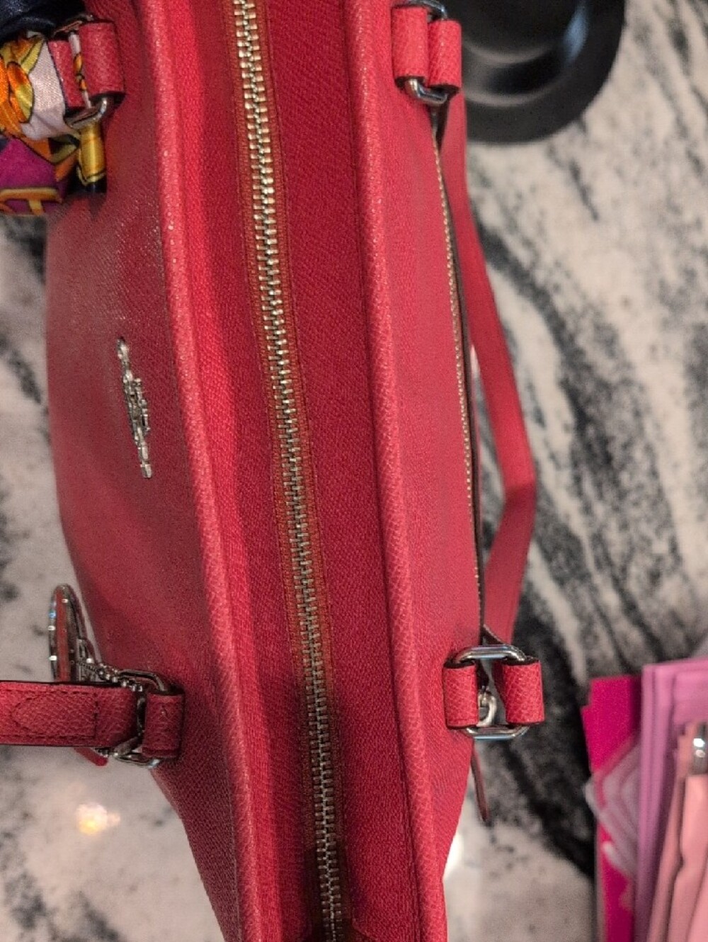 Coach Pink Leather Tote with Multicolor Silk Scarf Accent - Picture 4 of 9